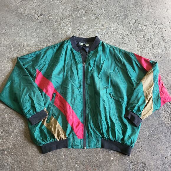 Vintage Robert Stock Silk Bomber Jacket Size XL Green Boxy Oversized 90s Striped